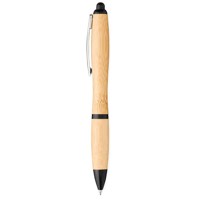 A bamboo ballpoint pen with black accents, featuring a clip and sleek design, poised upright against a plain background.
