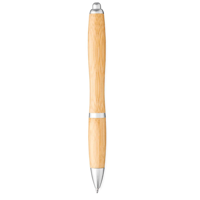 A bamboo ballpoint pen with a sleek design, featuring silver accents and a smooth writing tip.