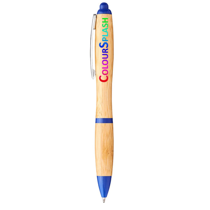 A bamboo ballpoint pen with blue accents and a logo, designed for writing.