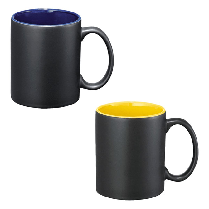 A ceramic mug set featuring a matte black exterior with a blue and a yellow interior. Each mug includes a handle and has a logo.