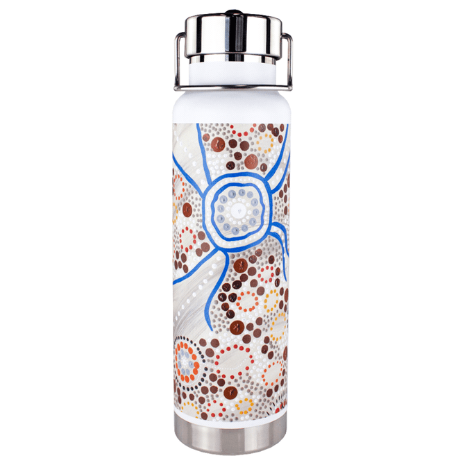 A drink bottle featuring a white and colourful Aboriginal art design, with a stainless steel base and a straw lid.