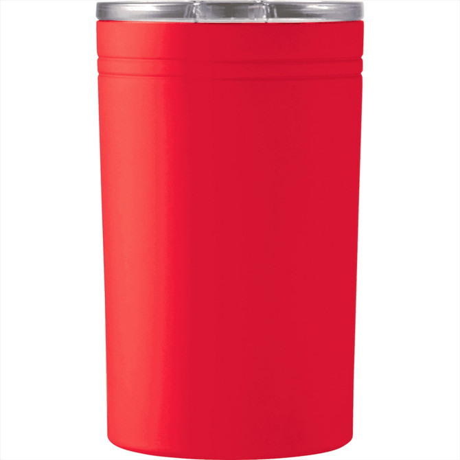 A drink bottle in bright red with a silver lid and branding. It has a smooth, sleek design.