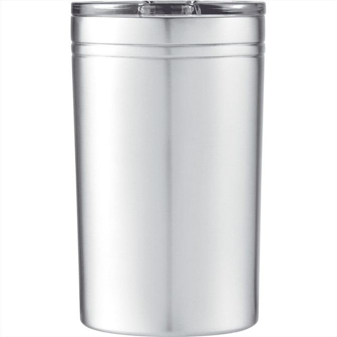 A drink bottle in silver with a clear lid, designed for hot and cold beverages. Features a logo.
