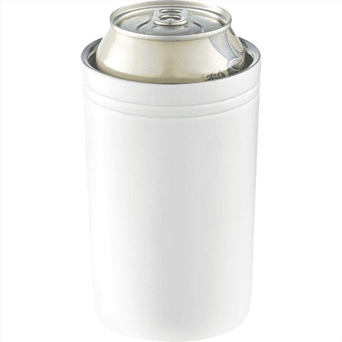 A drink bottle in white, featuring a can cooler design with a silver lid and a logo.