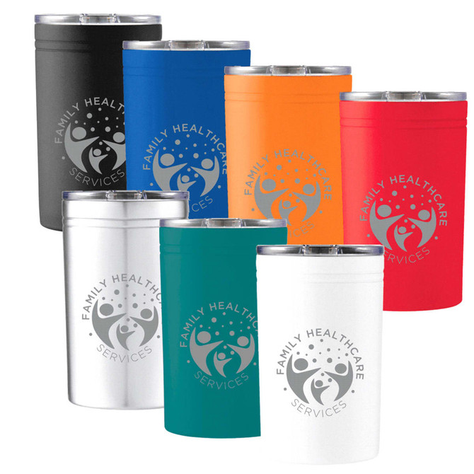 A drink bottle set featuring the Sherpa Vacuum Tumbler in black, blue, orange, red, white, and teal, with a logo.