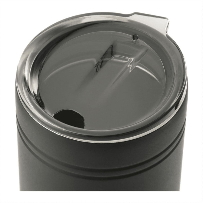 A drink bottle with a black body and a transparent lid, featuring a drinking opening and a logo.