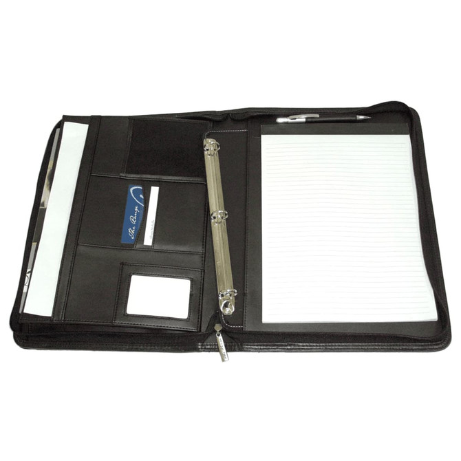 A black imitation leather zip compendium with internal pockets, a pen, and a notepad. It has a branding logo inside.