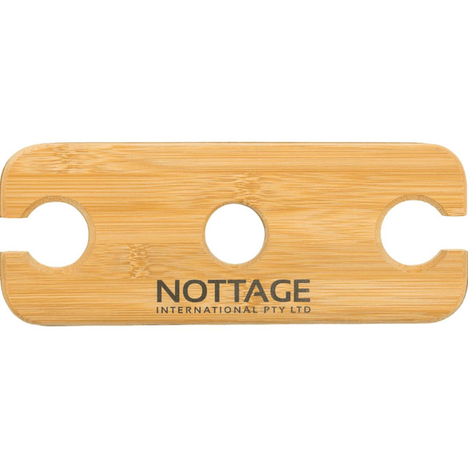A bamboo wine bottle and glass carrier featuring two circular cutouts and a logo.