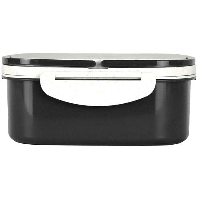 A black lunch box with a white lid and handle, made from plastic and wheat straw. Includes branding.