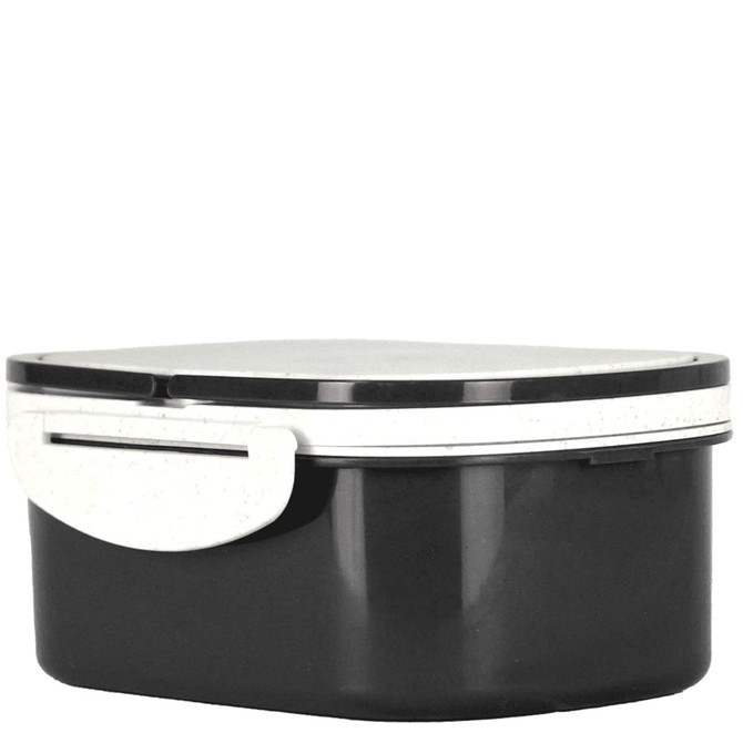 A black and white plastic lunch box with a secure lid and a smooth, rounded shape. It features a branding logo.