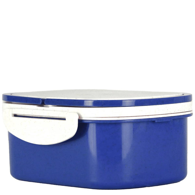 A blue plastic and wheat straw lunch box with a white lid and a secure clasp. Contains a smooth, rounded design.