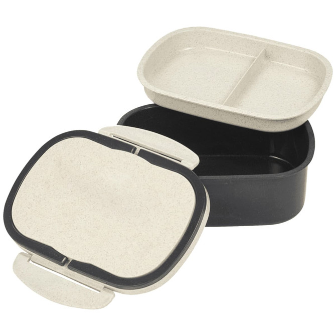 A plastic and wheat straw lunch box in cream and black, featuring two compartments and a lid. It includes a logo.