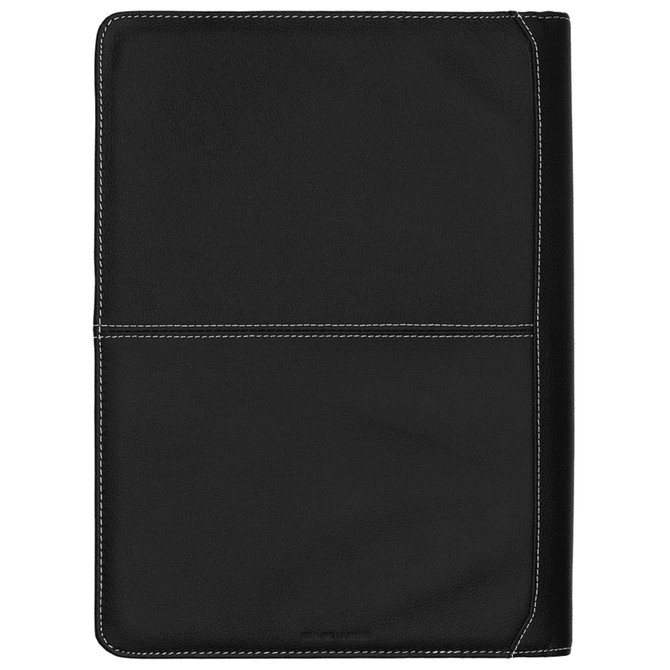 A black full grain leather compendium with white stitching and a logo on the front.
