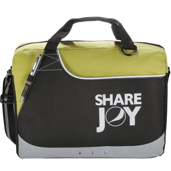 A black and lime green laptop bag featuring a logo and a pen attached to the side.
