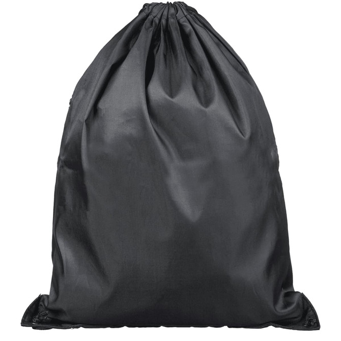 A black drawstring bag featuring a gathered top and a simple design. It has a logo displayed on the front.