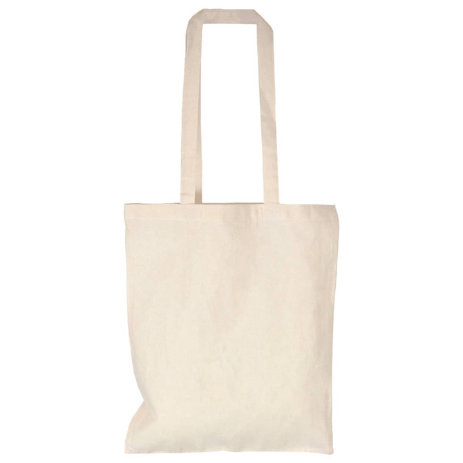 A cream cotton canvas tote bag with two long handles and no visible logos or branding.