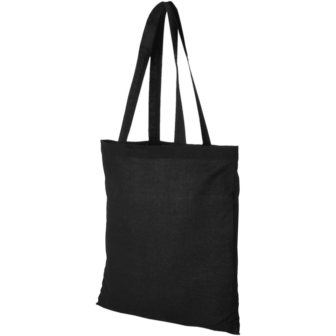 A black tote bag with two shoulder straps and a plain design, featuring a logo on one side.