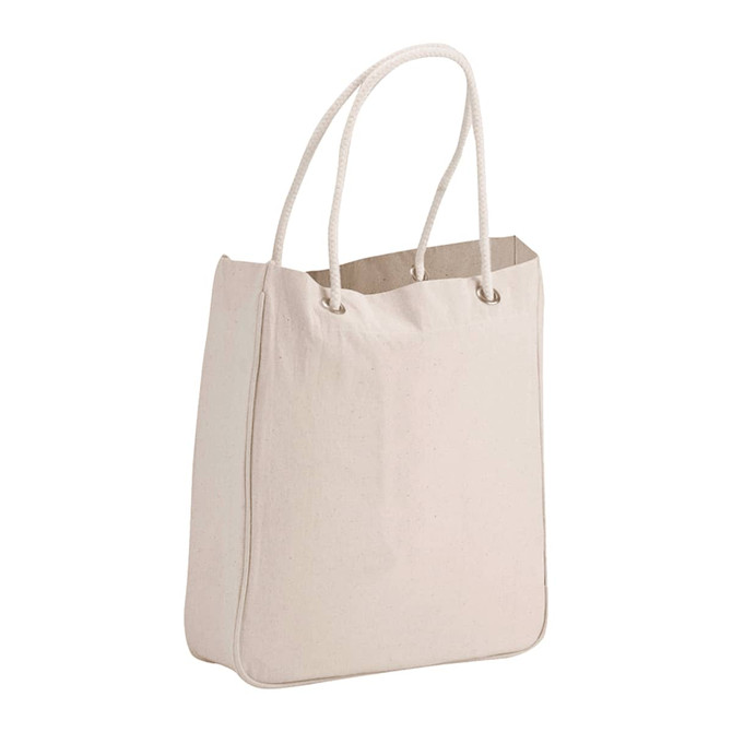 A natural-coloured organic cotton canvas tote bag with rope handles, featuring a simple and spacious design.