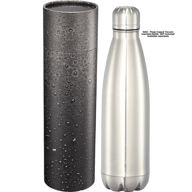 A drink bottle in a sleek silver finish, featuring a polished design and a textured black storage tube, both with water droplets.