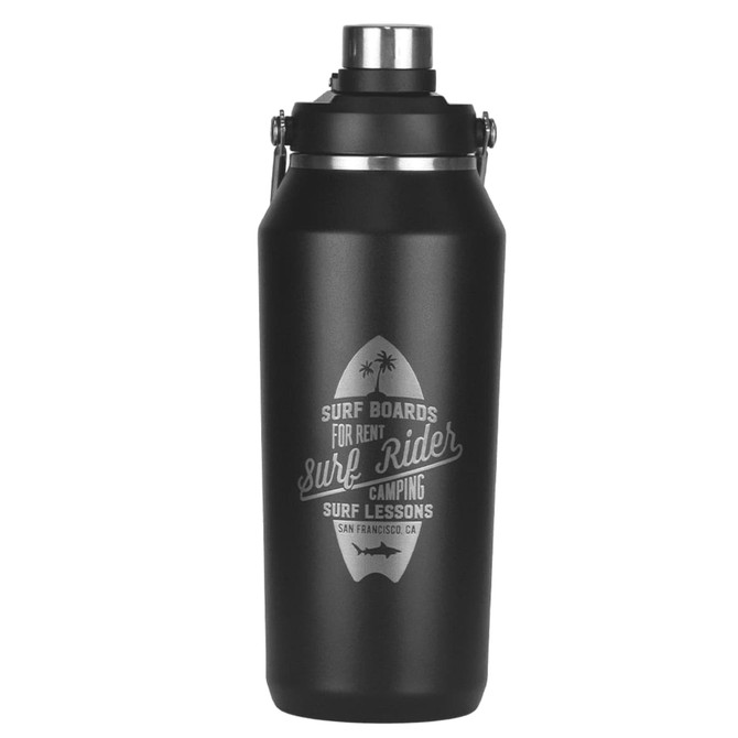 A drink bottle in matte black with a stainless steel top and a logo. It features a vacuum insulated design.