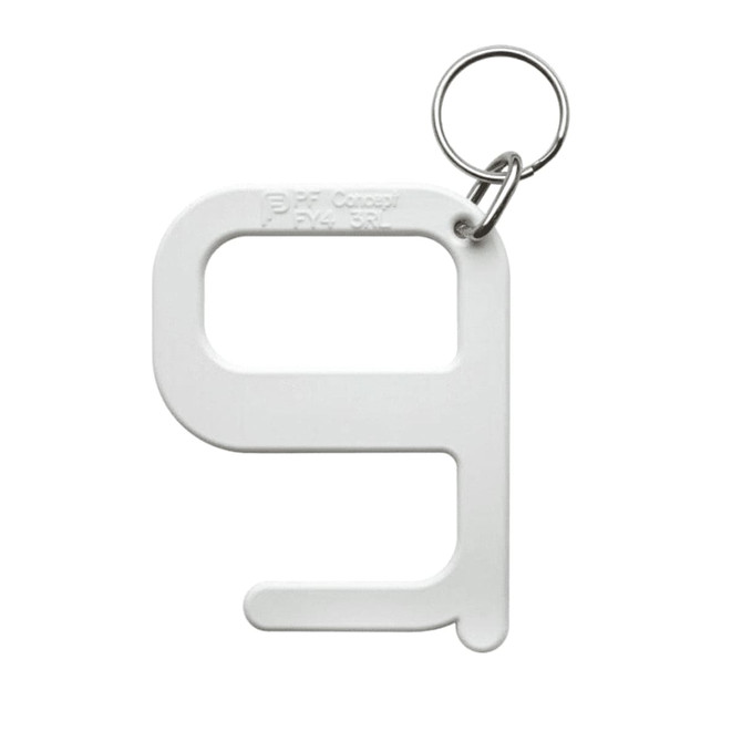 A white Hygiene Key with a keyring attachment, featuring a simple, modern design.