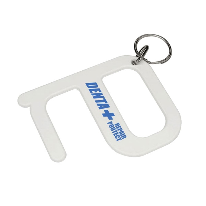 A white hygiene key in a keyring format, featuring a branded logo.
