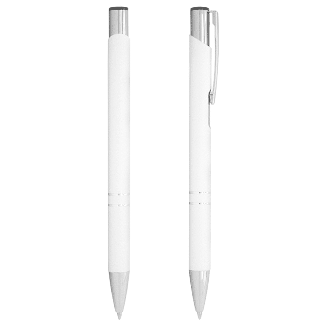 A white ballpoint pen with a metal clip and accents, featuring a branding logo.