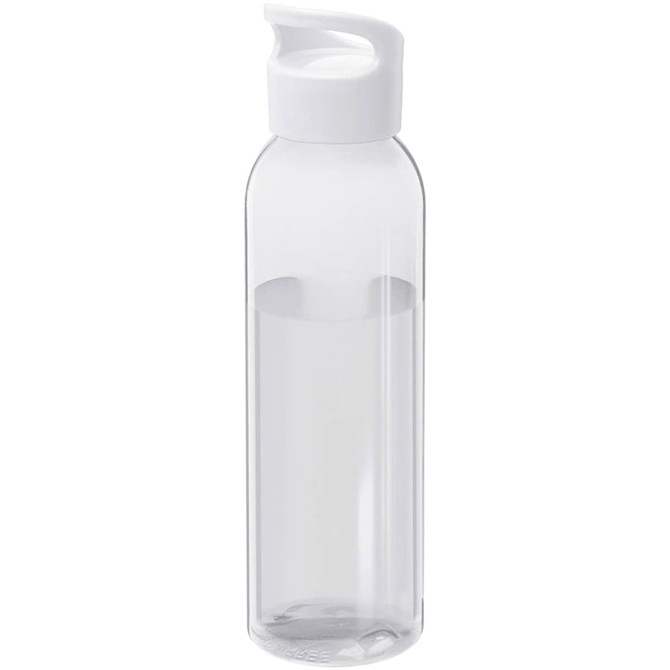 A drink bottle in clear Tritan material with a white lid, featuring a branding logo. Holds 650ml.