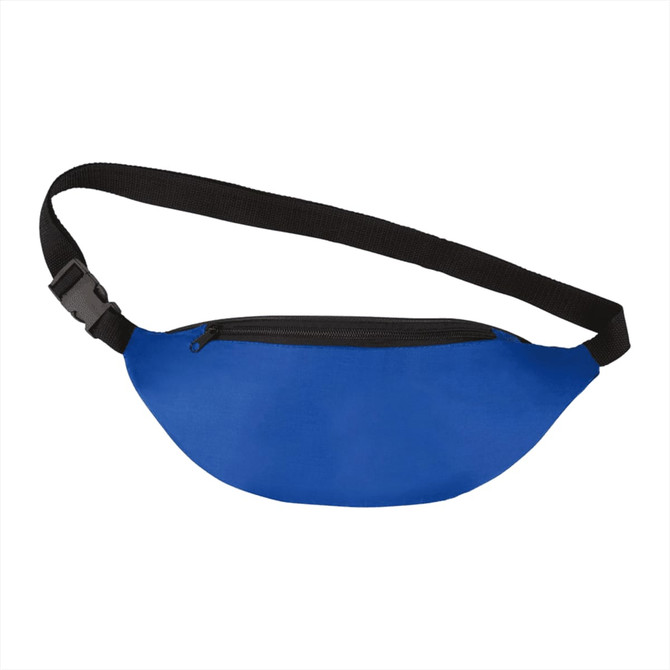 A blue bum bag with a black strap and a zippered compartment. It features a logo.