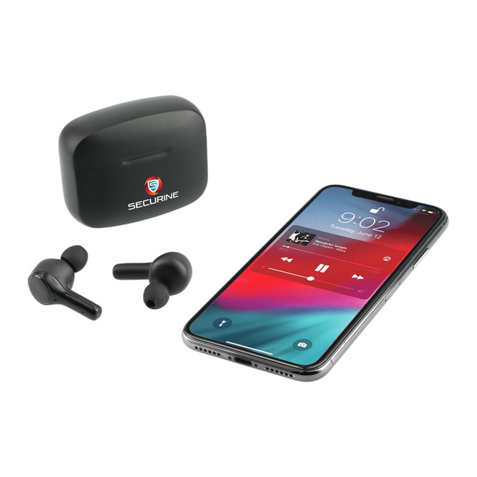 True wireless black earbuds with a charging case, placed next to a smartphone displaying a music player interface.