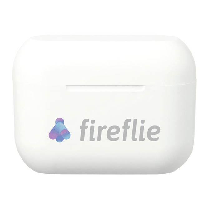 A white charging case with a logo, designed for true wireless earbuds.