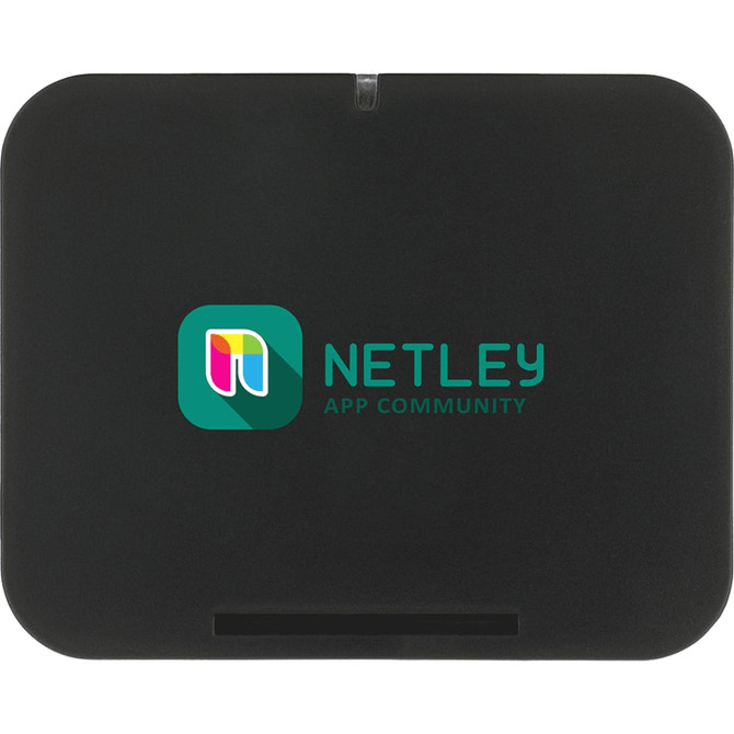 A black wireless charging phone stand with a logo on the front. It features a sleek, compact design.