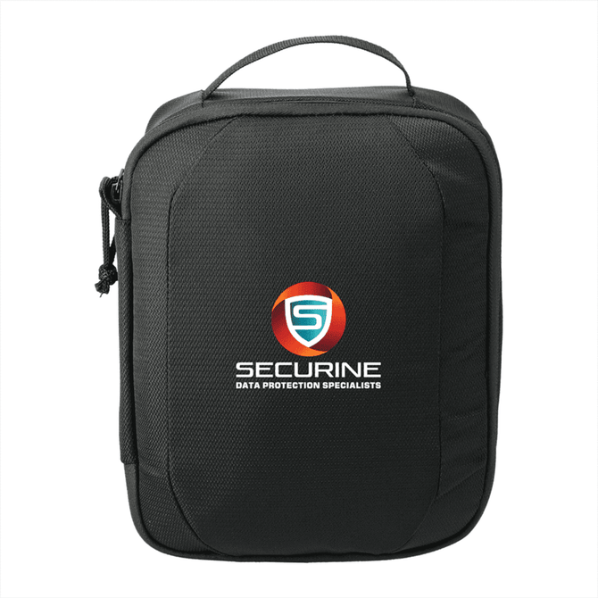 A black tech case featuring a zip closure and a top handle, with a logo on the front.