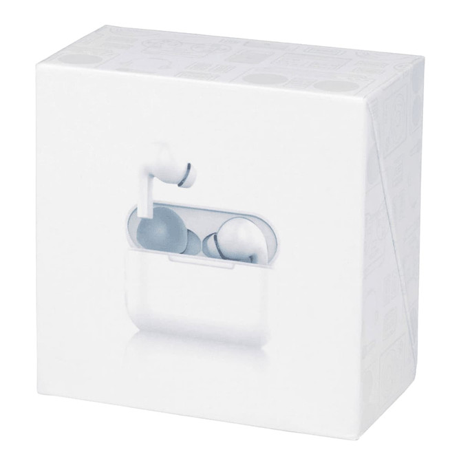 A white product box containing earbuds, featuring a minimalist design and a branding logo.