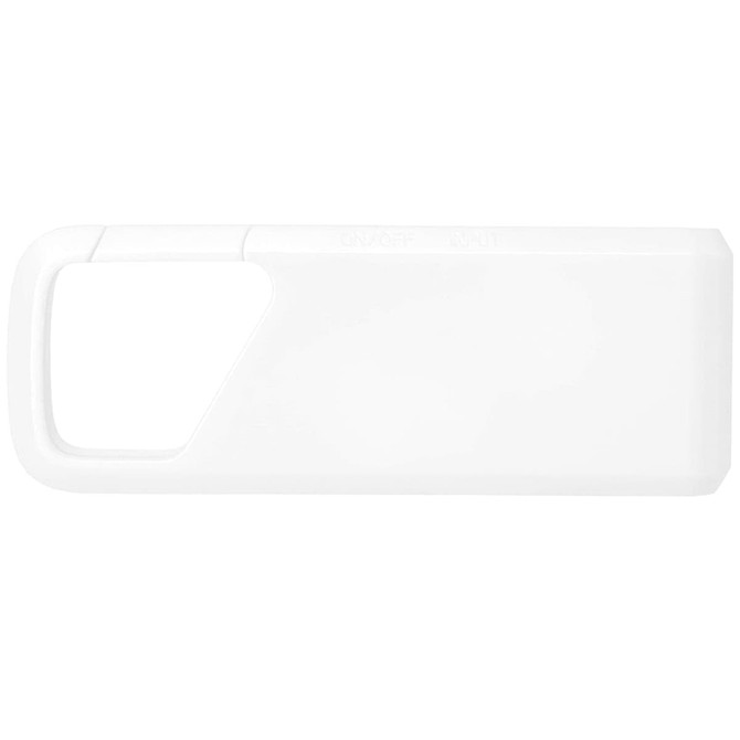 A white Bluetooth speaker with a rectangular shape and rounded edges, featuring a button interface and a branding logo.