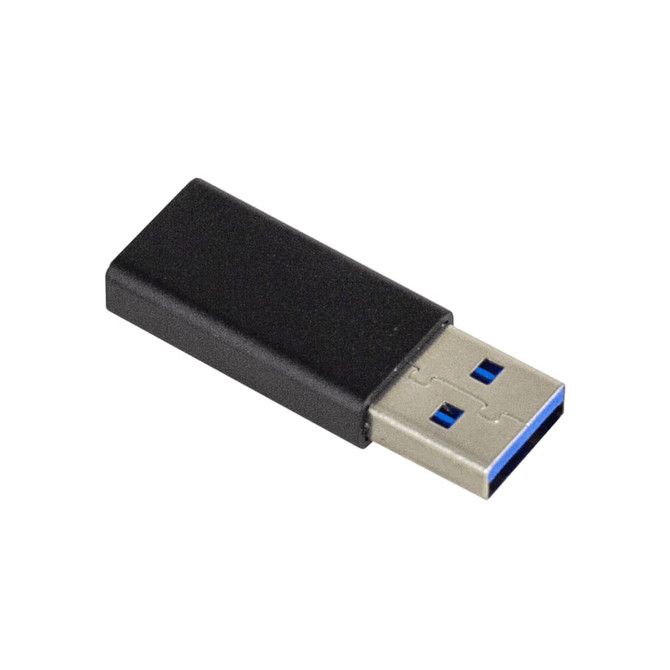 A black USB C adapter with a metallic connector, featuring a logo on the side.