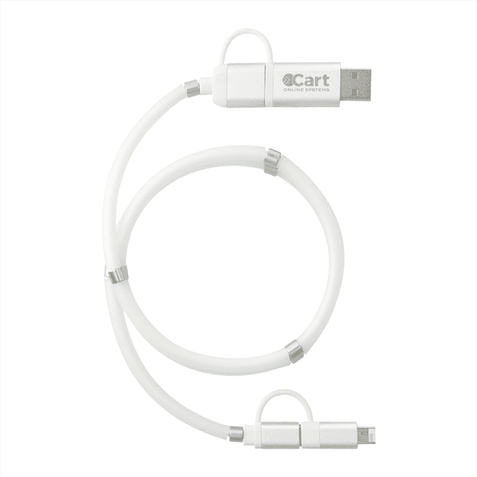 A white 5-in-1 charging cable with a magnetic wrap and a logo, featuring multiple connector types.