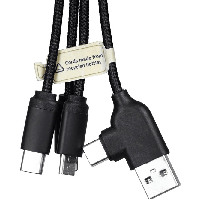 A set of black charging cables with braided exteriors, featuring a label indicating they are made from recycled bottles.
