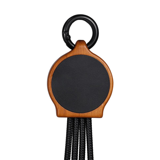 A bamboo charging device featuring black RPET cables and a circular wooden base with a hanging loop.