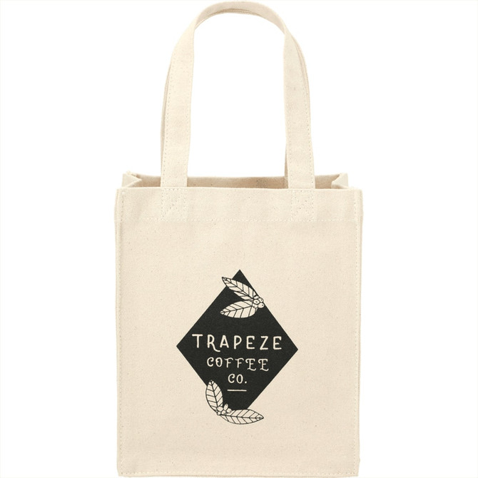 A beige cotton tote bag featuring a logo design, with two sturdy handles and a compact size.