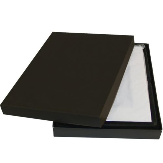 A black box partially open, revealing a silver nickel plated photo frame inside, resting on a white lining.