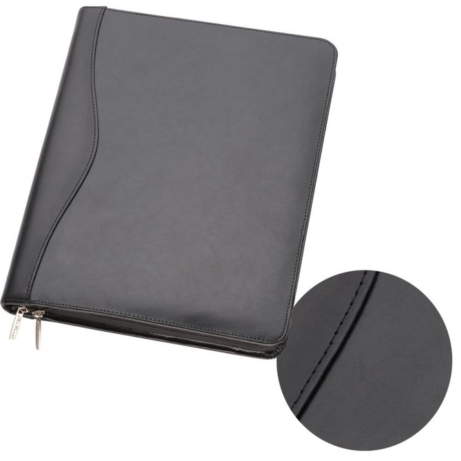 A black leather compendium featuring a zip closure and a smooth finish, with a close-up of the texture.