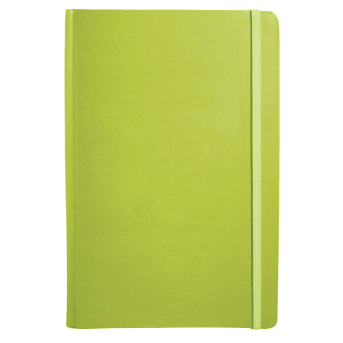 A green Ambassador Bound JournalBook with a smooth cover and an elastic closure. It features a simple design and branding.