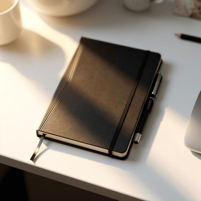 A black bound journal with an elastic closure and ribbon bookmark, placed on a desk beside a coffee cup and pen.