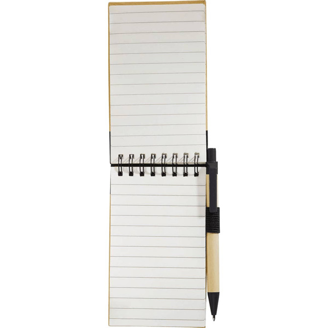 A recycled jotter with a black pen, featuring tan and white colours, displaying blank lined pages.