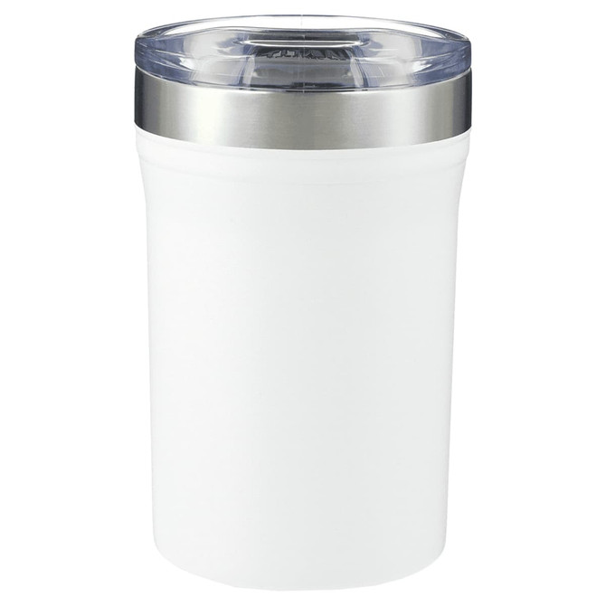 A drink bottle in white with a stainless steel rim and a transparent lid, designed for keeping beverages hot or cold.