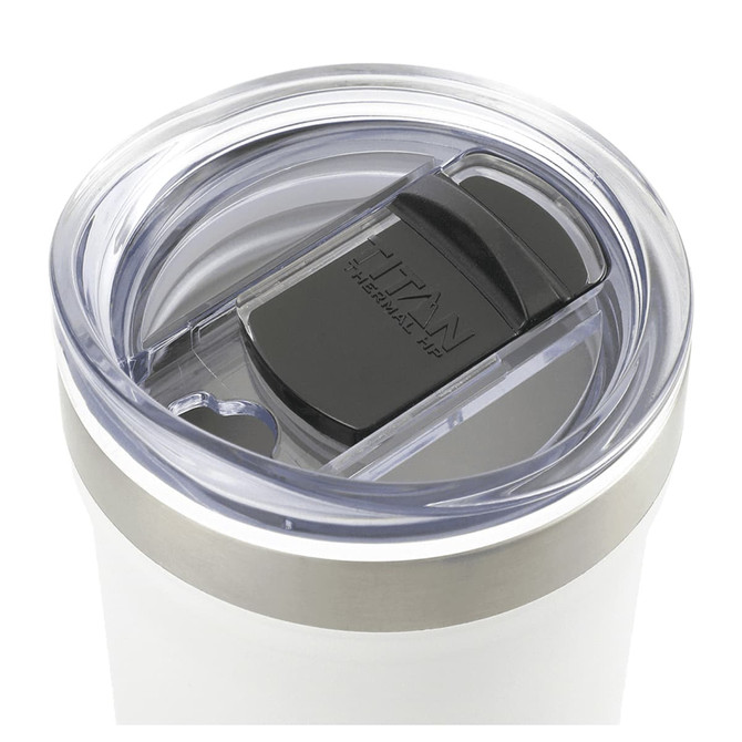 A drink bottle with a clear lid, stainless steel band, and a sleek white body. It features a brand logo on the lid.