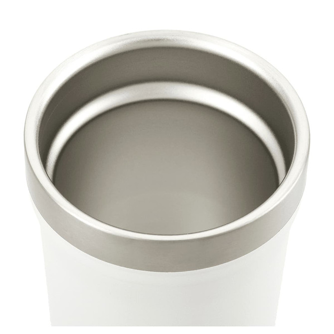 A drink bottle with a white exterior and stainless steel interior, featuring a simple design and a branding logo.