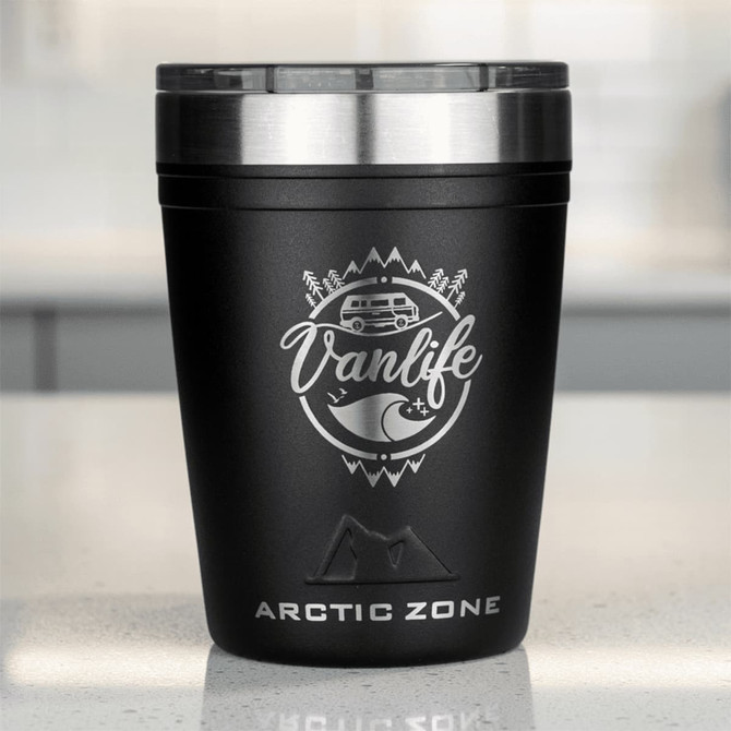 A drink bottle featuring a matte black finish with a silver metal lid and a logo design.