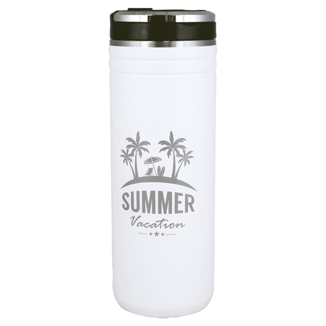 A drink bottle in white with a black lid, featuring a logo depicting palm trees and holiday themes.